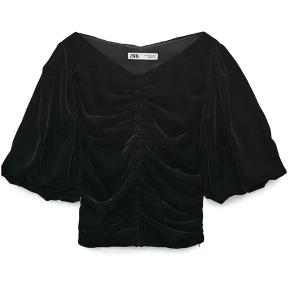 Zara Corie Black Velvet Top XS Puff Sleeve Button Detail Cropped Bloggers Fave - Picture 2 of 15